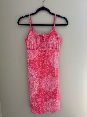 Pink Spaghetti Strap Dress with White Swirl Print